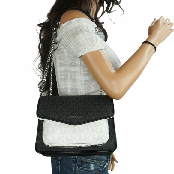 Michael Kors Regina Medium Flap Shoulder Crossbody Bag MK Black White